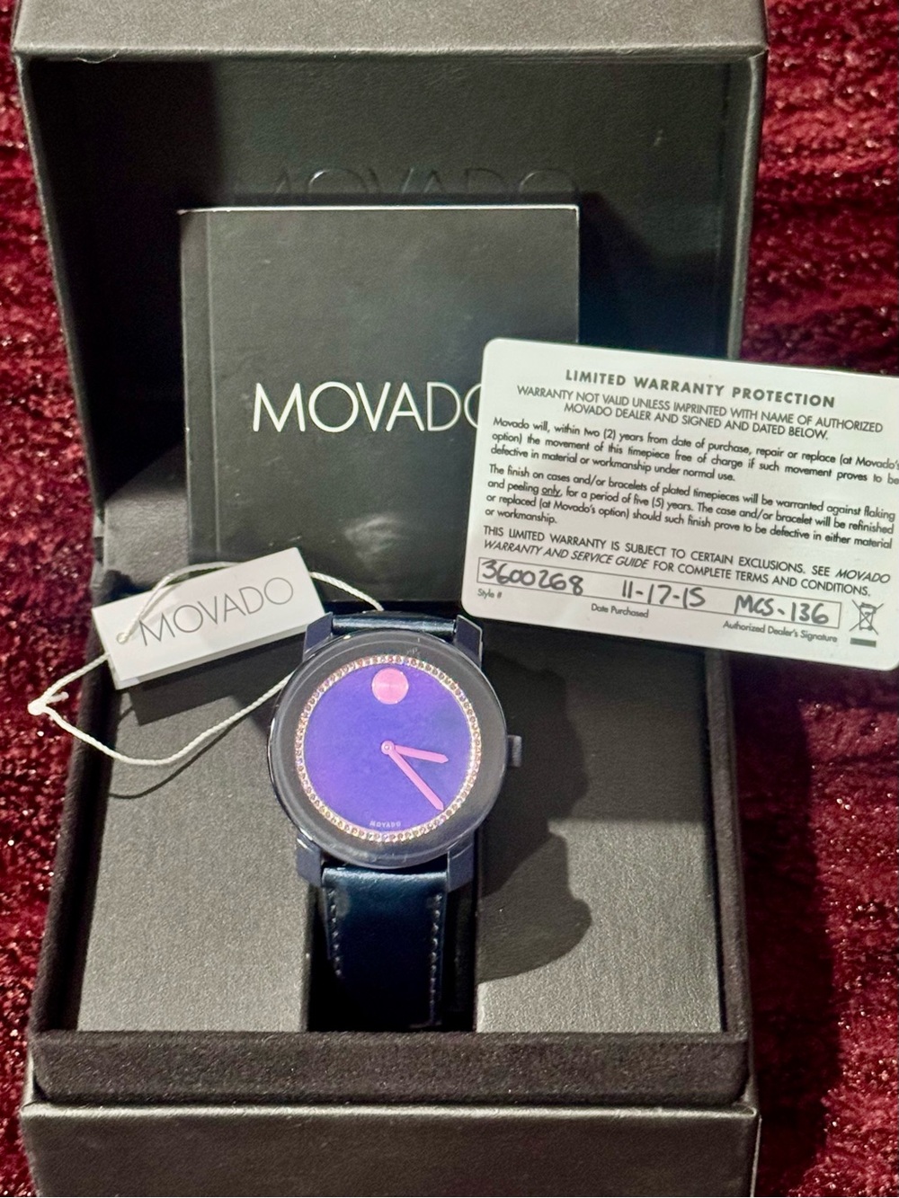 Movado Purple Blue Dial Leather Strap Watch with Rose Accent